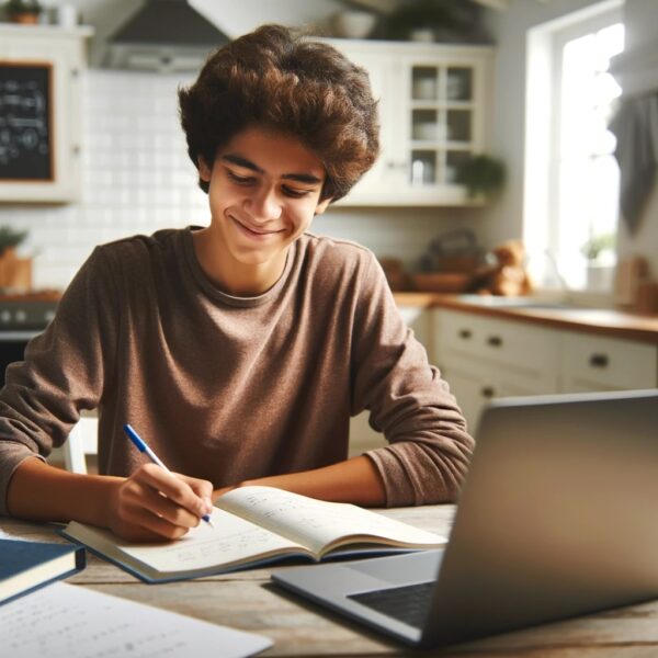 Student studying in kitchen.