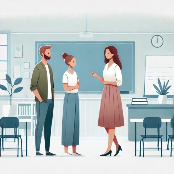 Image of parents talking to a teacher