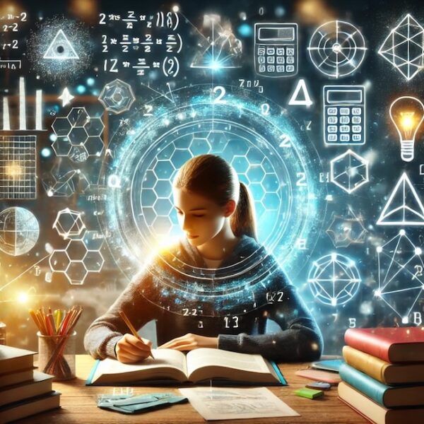 Stylized illustration of student studying overlaid with math iconograph