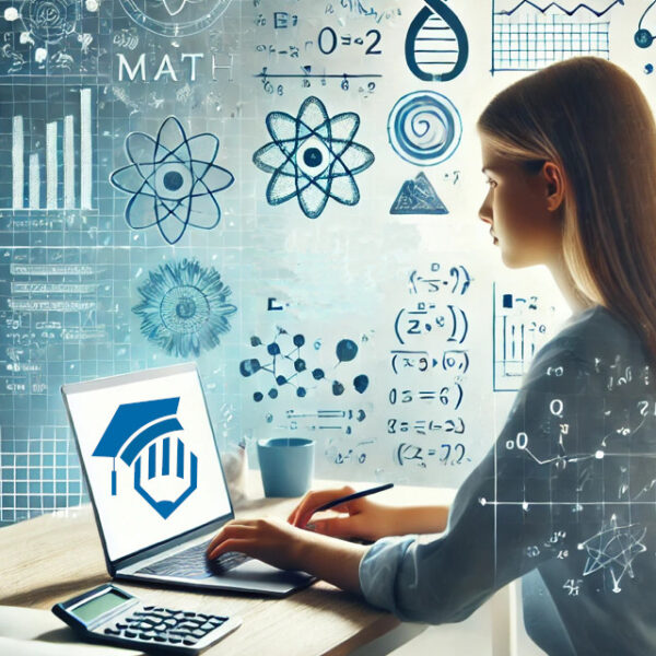 Math student studying online with science iconography overlaid on the image.